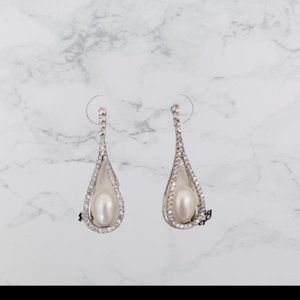 Macy s Cultured Pearl Bridal Drops Earrings SS 8MM CZ